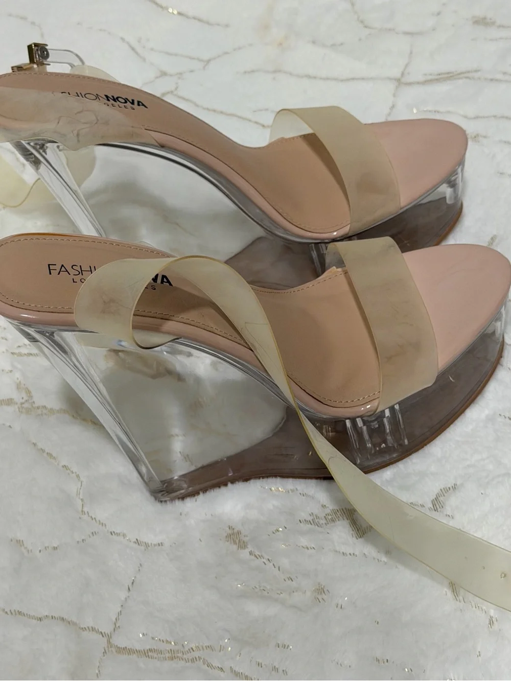 Fashion Nova Clear Platform Wedges with Nude Trim